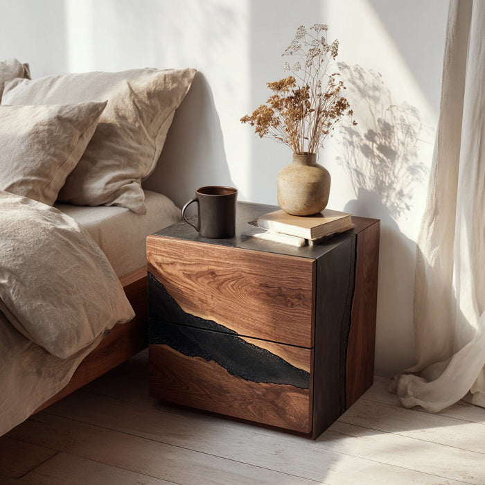 Wooden nightstand with a vase and mug next to a bed in a softly lit room