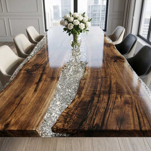 Bespoke walnut and clear resin dining table in a bright, modern interior setting.