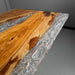 Customizable olive wood dining table with clear crystal resin surface for home or restaurant use.