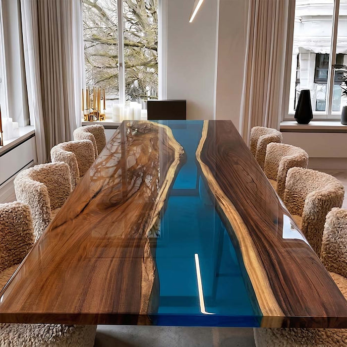 Dining room with a wooden table featuring a blue resin inlay.