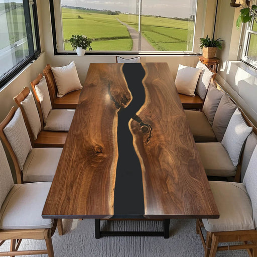 Custom epoxy walnut dining table with black resin for large families