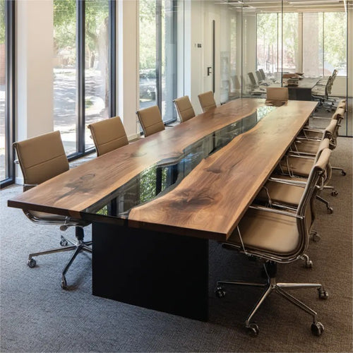 Long wooden conference table with chairs in a modern office setting
