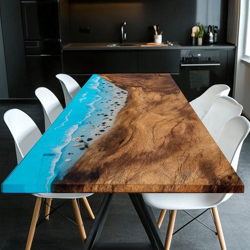 Custom walnut blue ocean breaker epoxy table with ocean layering resin design