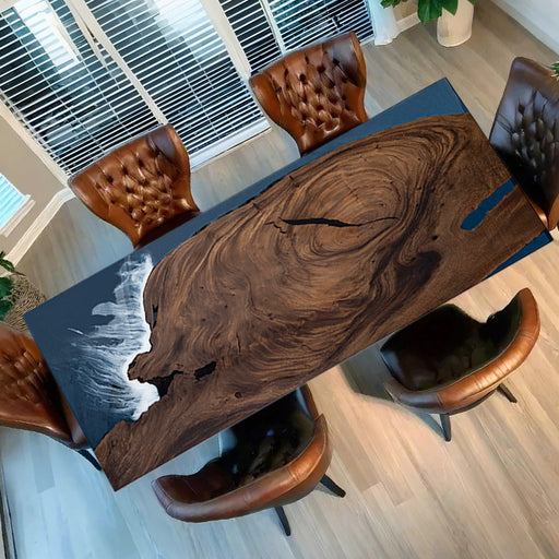 Custom walnut table featuring vibrant blue waves epoxy resin river design.