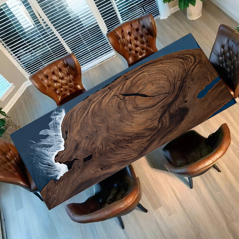 Custom walnut table featuring vibrant blue waves epoxy resin river design.