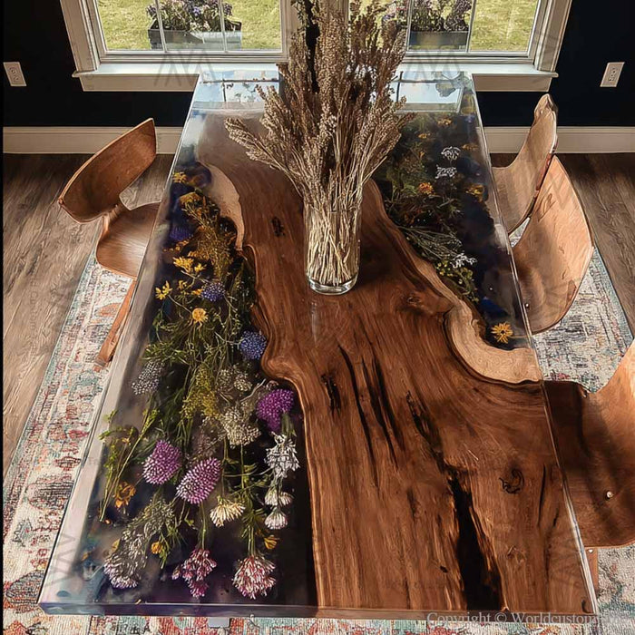Custom walnut epoxy dining table featuring a nature-inspired floral river design.