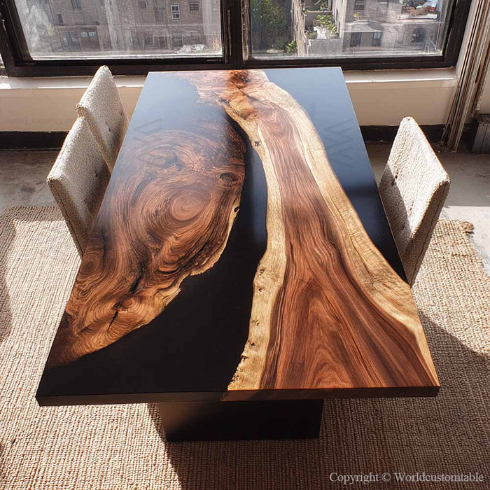 Custom-made walnut epoxy resin dining table designed for modern homes in California.