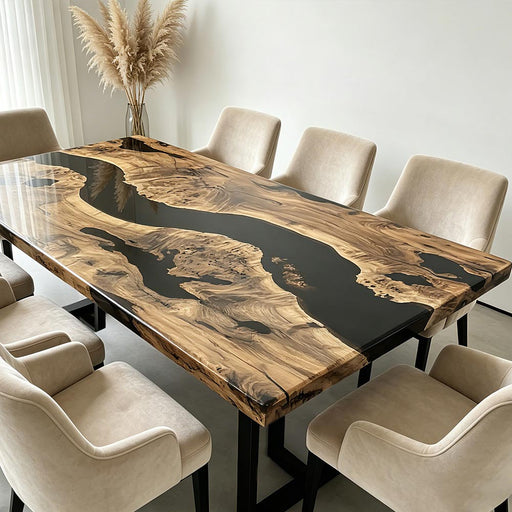 Custom walnut table with natural live edge detail and deep black epoxy river design.