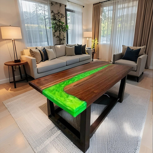 Custom walnut epoxy table with vibrant green LED-lit resin river