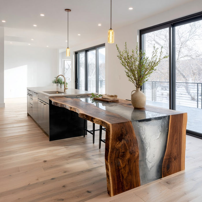 Modern kitchen with a large island featuring a live-edge design.