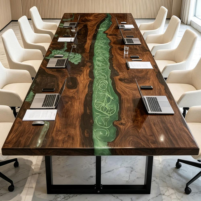 Close-up of the swirling green epoxy river pattern on a black walnut conference table