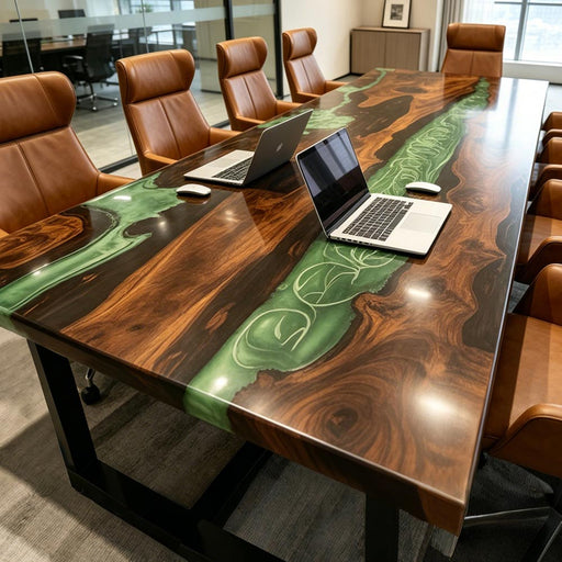 Custom large meeting table with black walnut wood and green epoxy resin river, modern office