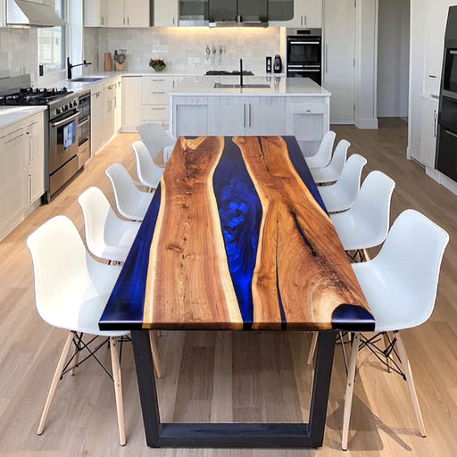 Custom live edge walnut table with ocean blue resin river