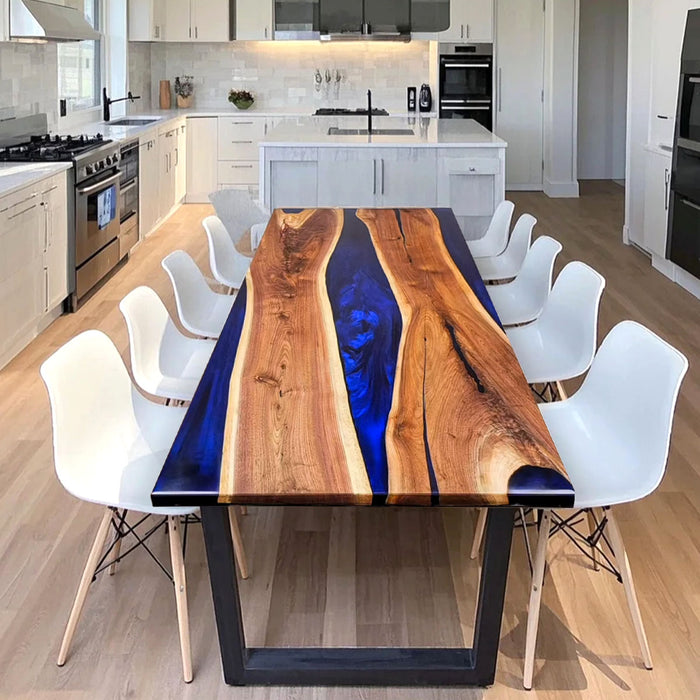 Custom live edge walnut table with ocean blue resin river