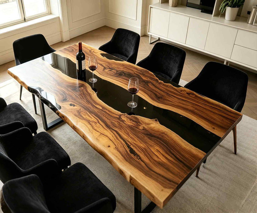 Modern walnut epoxy resin dining table with natural live edge design