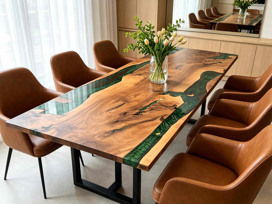Custom walnut wood epoxy dining table paired with tufted beige chairs in a bright contemporary home.