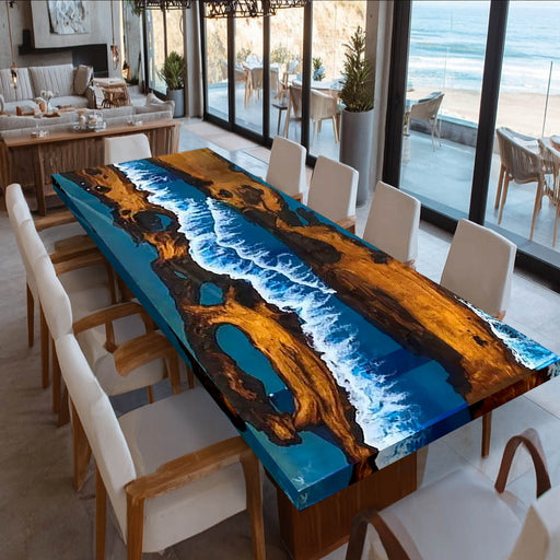 Dining table with blue resin design in a modern living room setting