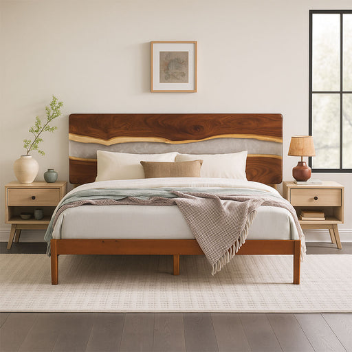 Wooden bed with matching headboard in a bedroom setting