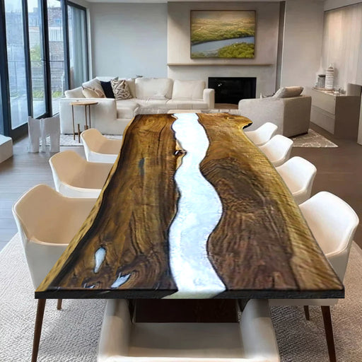 Wooden dining table with river design in a modern living room