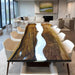 Wooden dining table with river design in a modern living room