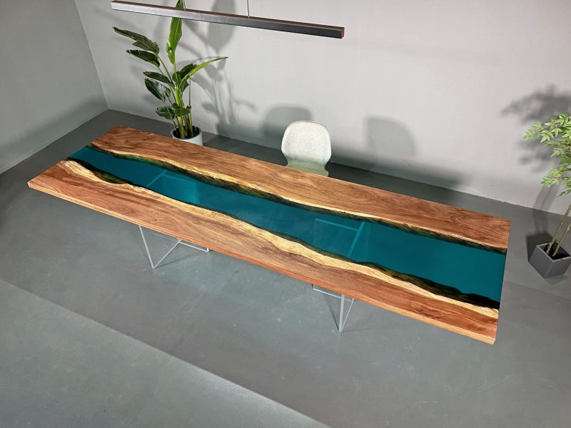 Epoxy river conference table with live edge wood slab, ideal for professional workspaces.