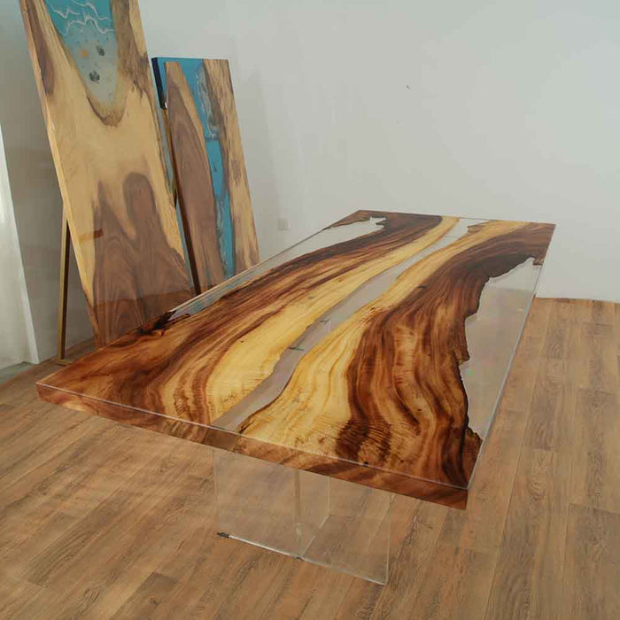 Edge detail of the handcrafted walnut resin dining table