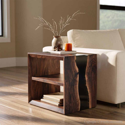 Black walnut epoxy sofa table with black resin and a functional two tier shelf design
