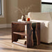 Black walnut epoxy sofa table with black resin and a functional two tier shelf design