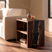 Modern living room featuring a black walnut epoxy sofa table with black resin and a practical double shelf design