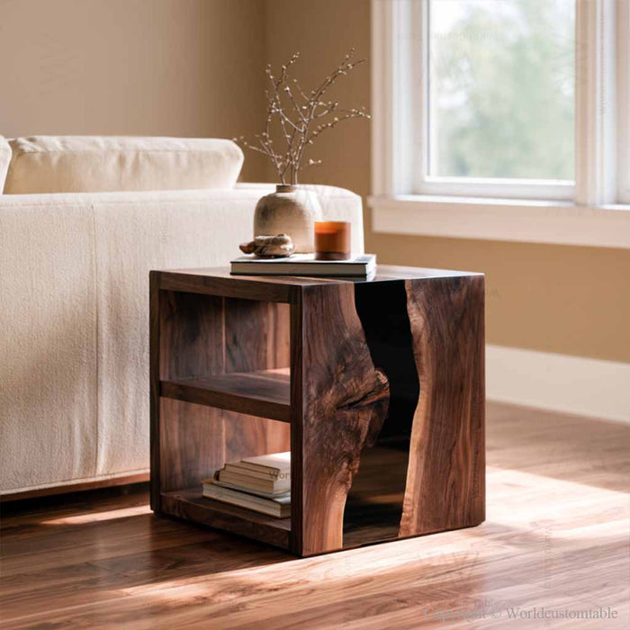 Two tier black walnut epoxy sofa table with an upper tabletop and a spacious lower display shelf