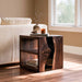 Two tier black walnut epoxy sofa table with an upper tabletop and a spacious lower display shelf