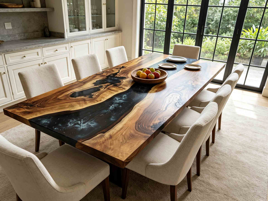 Dark mood black walnut dining table with swirled black epoxy resin river, minimalist open-concept dining room furniture