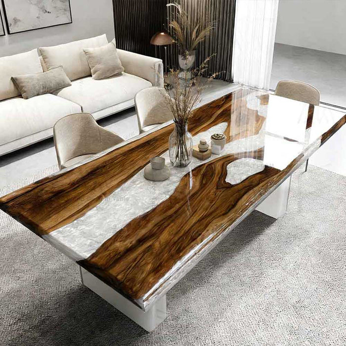 Designer black walnut conference table featuring white swirl epoxy resin in Los Angeles office.