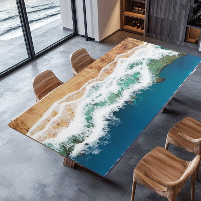 Blue epoxy dining table with ocean-inspired design.