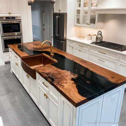 Dramatic black epoxy resin river kitchen island made of black walnut, live edge countertop for moody modern kitchens