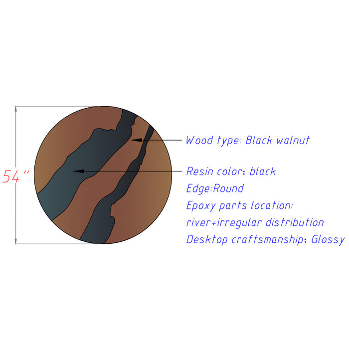 Diagram of a black walnut wooden surface with resin and epoxy parts, labeled with specifications.
