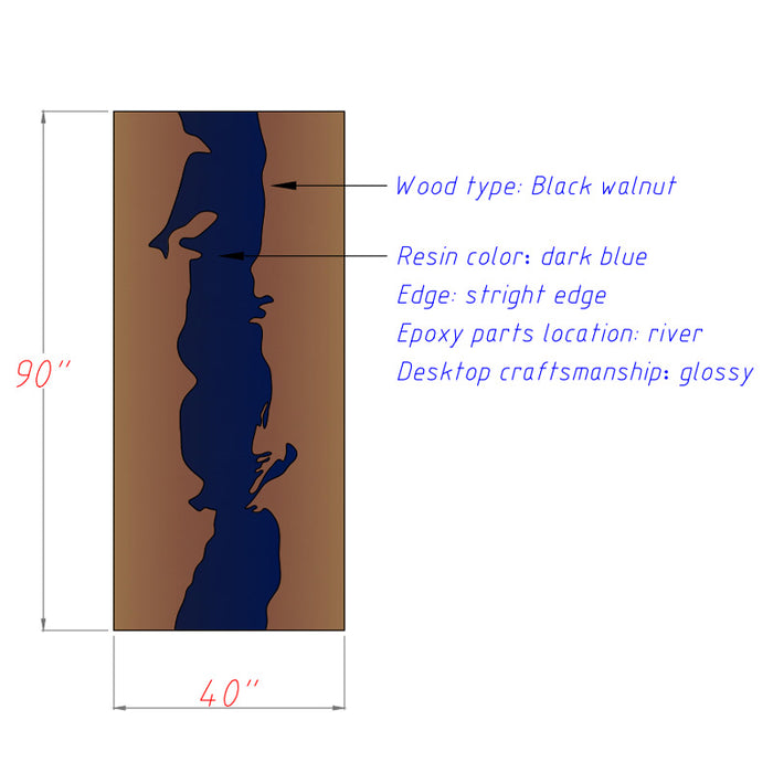 Diagram of a wooden panel with blue resin design, labeled with specifications.