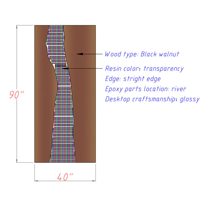 Diagram of a wooden surface with resin and epoxy parts, labeled with specifications.