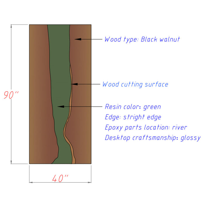 draft drawing of black walnut wood green epoxy resin dinning table