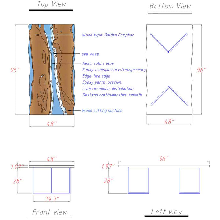 Technical drawing of a wooden surface with measurements and details