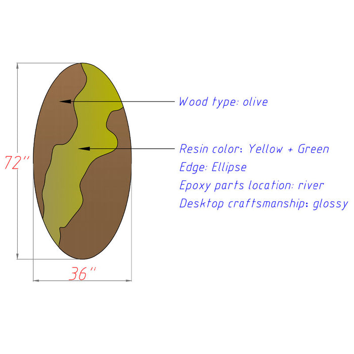 Diagram of a wooden product with resin and measurements, labeled with wood type, resin color, edge shape, epoxy location, and finish.