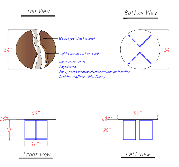 Technical drawings of a wooden desk with dimensions and material details.