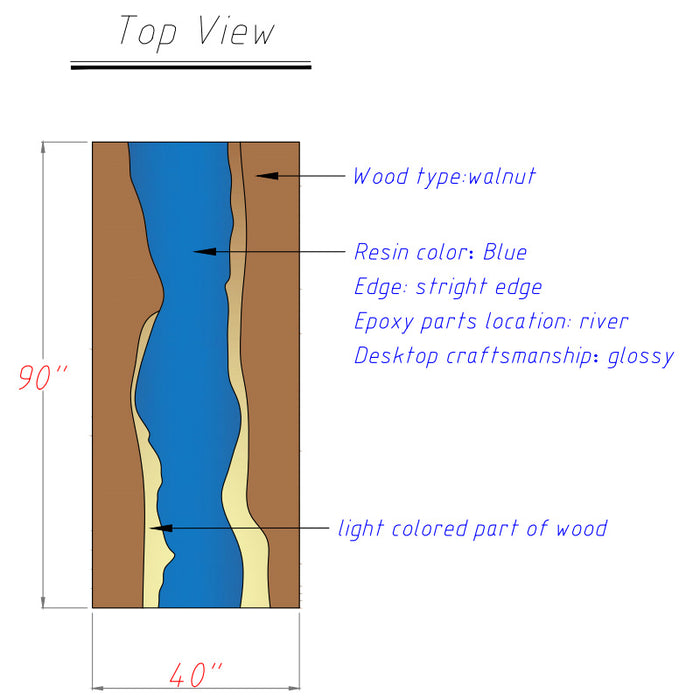 Diagram of a wooden surface with blue resin, labeled with dimensions and characteristics.
