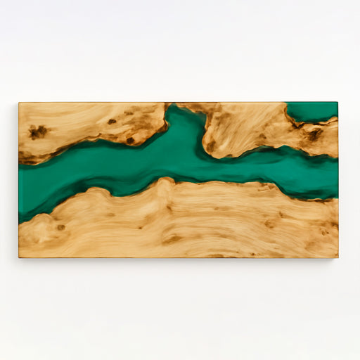 Wooden surface with green resin inlay on a white background