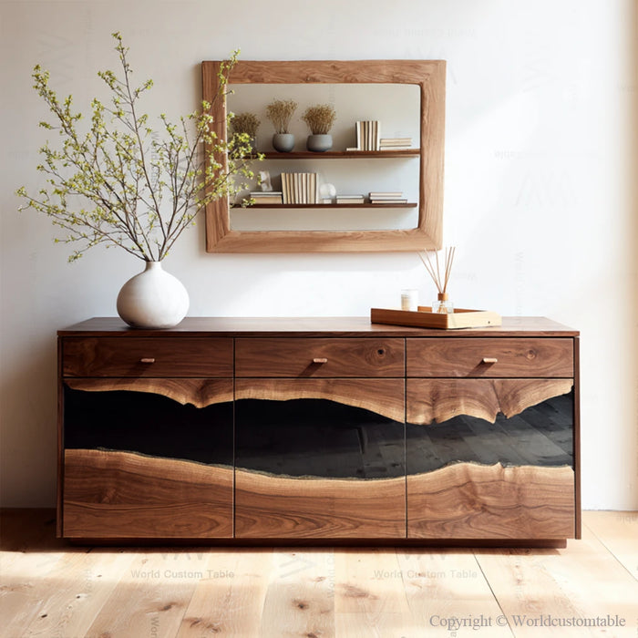 Elegant black epoxy drawer cabinet placed in bedroom
