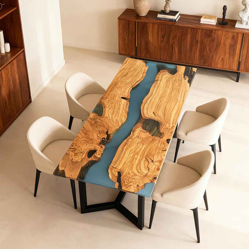 Dining table with natural wood design and blue resin in a modern room.