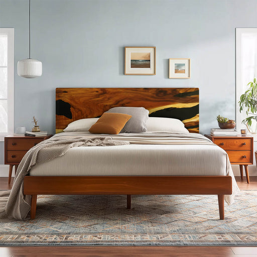 Wooden bed with a textured headboard in a bedroom setting.