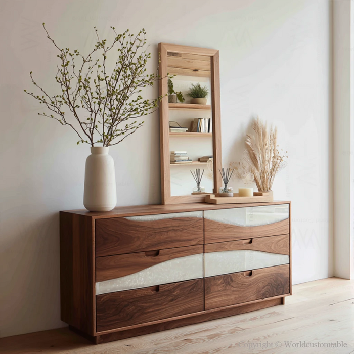 Elegant white epoxy dresser with drawers in living room space
