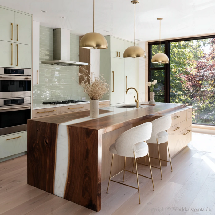 Elegant white epoxy waterfall table for kitchen dining