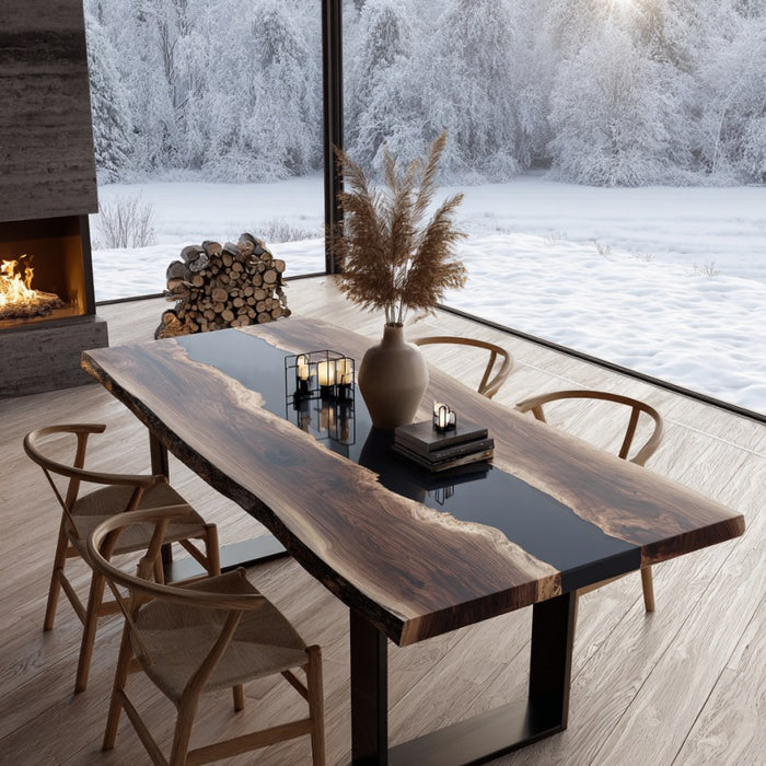 Dining table with chairs in a room with a large window view of a snowy landscape.